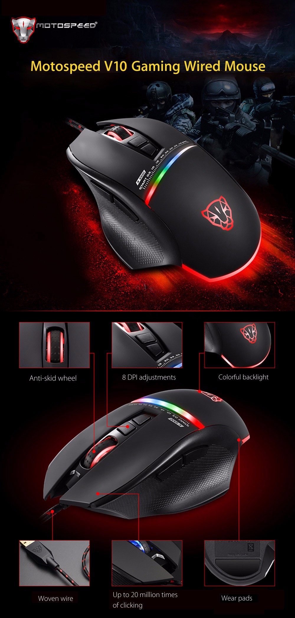 Motospeed V10 4000 DPI 7 Keys Wired Breathing LED Optical Backlit Gaming Mouse for Laptop/Desktop/PC - Black