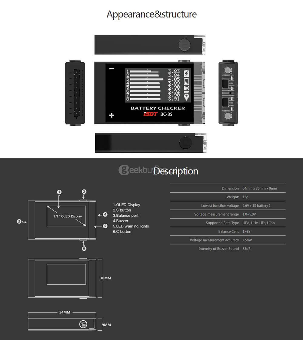 ISDT BC-8S Battery Checker with Two 85dB Buzzer for LiPo LiHv LiFe LiIon Batteries