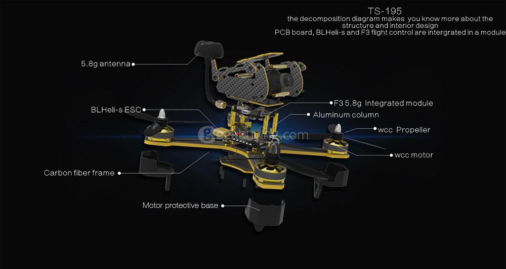 AWESOME TS-195 195mm F3 /w 5.8G 40CH VTX 800TVL Camera 4-in-1 BLHeli_S 20A ESC Extra Curved Arms FPV Racing Drone PNP - Black and Golden