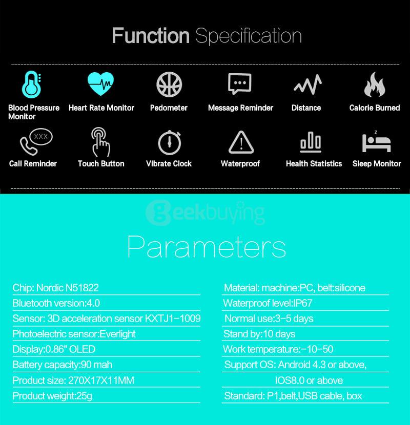 P1 Bluetooth Smartband Pedometer Blood Pressure Heart Rate Monitor Call Reminder Compatible with Android/IOS - Gray