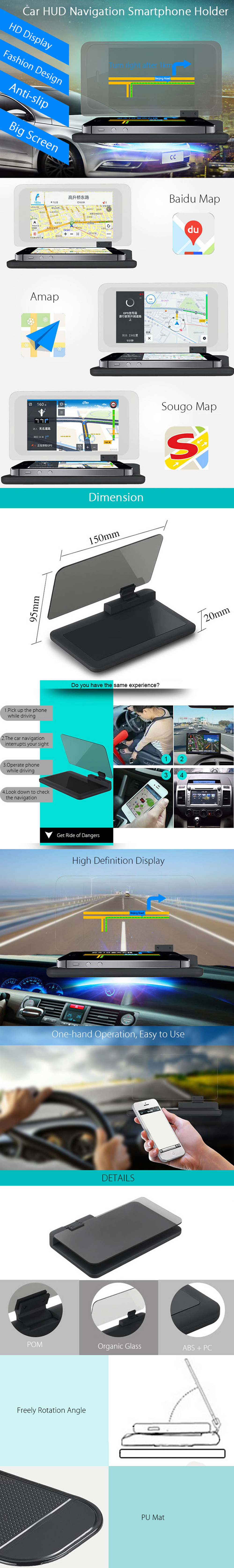 H6 6Inch Car GPS Phone HUD Mobile Navigation Bracket Head Up Display HUD Projection Holder-Black