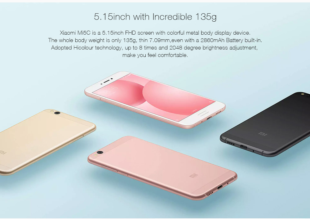 Xiaomi Mi 5C 5.15 Inch FHD Screen 3GB RAM 64GB ROM 12.0MP Cam MIUI 8 Octa Core Surge S1 2.2GHz 4G Android 7.1 LTE Smartphone USB Type-C Quik Charge Metal Body - Gold