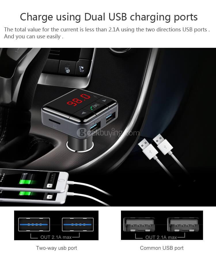 BC12B Smart Bluetooth FM Car Charger Dual USB APP Control Hands-free Talking - Black