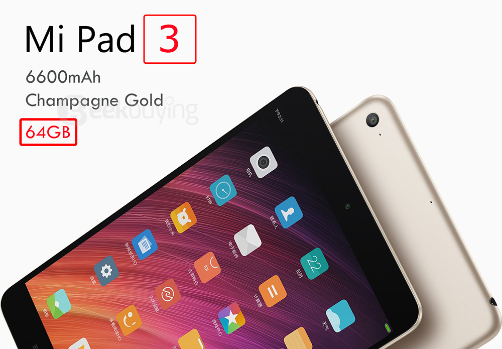 Xiaomi Mi Pad 3 Tablet PC 7.9 inch MIUI 8 4GB RAM 64GB ROM MediaTek MT8176 Hexa Core 2.1GHz Reading Mode IPS Screen 5MP+13MP Dual Cameras Type-C - Gold