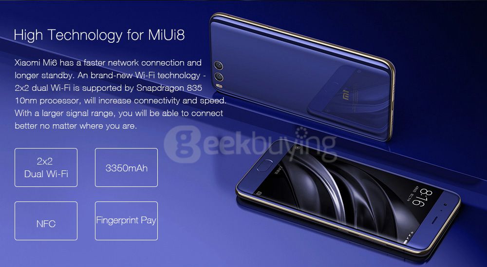 Xiaomi Mi6 5.15 Inch 4G LTE Smartphone 5.15 Inch 6GB 128GB Snapdragon 835 12.0MP Cam Android 7.1 NFC Dual Rear Cam Four-sided Curved 3D Glass Body - Black