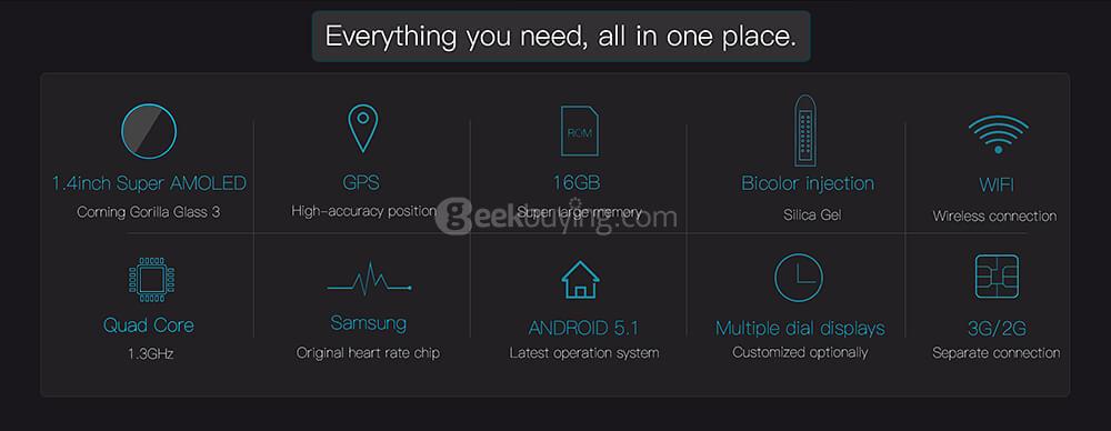 Zeblaze THOR 3G Smart Watch Phone 1.4 Inch AMOLED Display Android 5.1 MTK6580 Quad Core GPS 1GB RAM 16GB ROM - Black