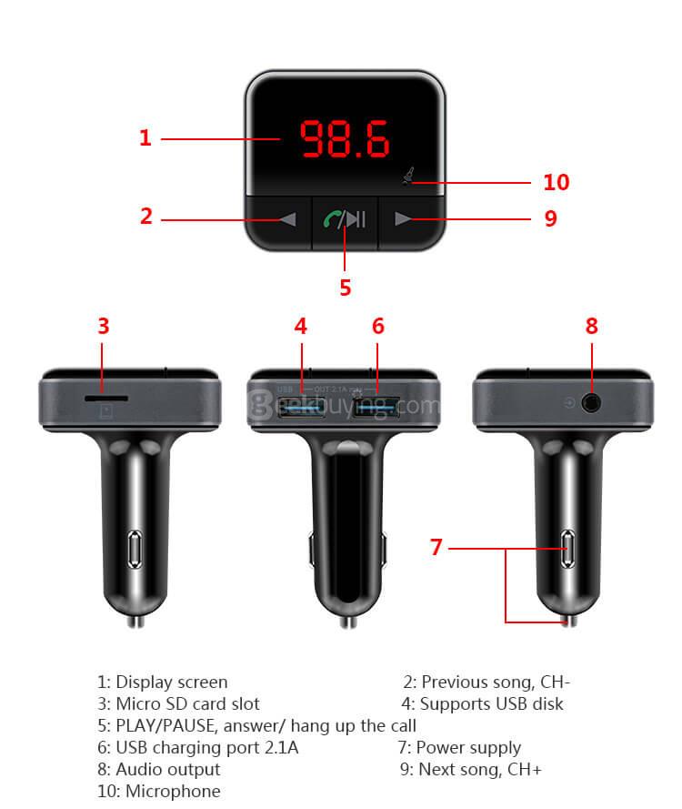 BC12B Smart Bluetooth FM Car Charger Dual USB APP Control Hands-free Talking - Black