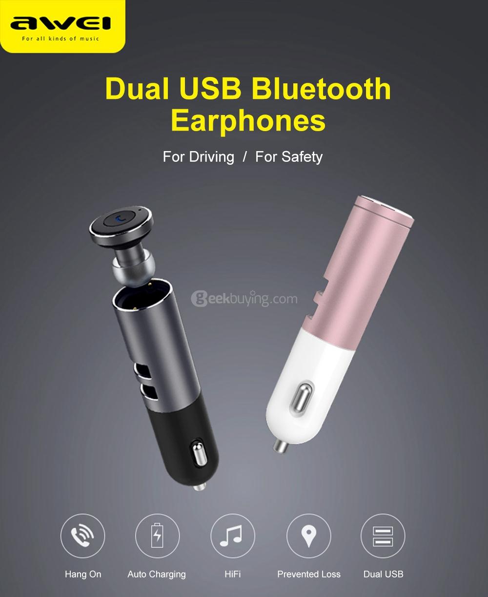 AWEI A870BL Dual USB Car Charger Bluetooth V4.1 Earphones - Rose Gold