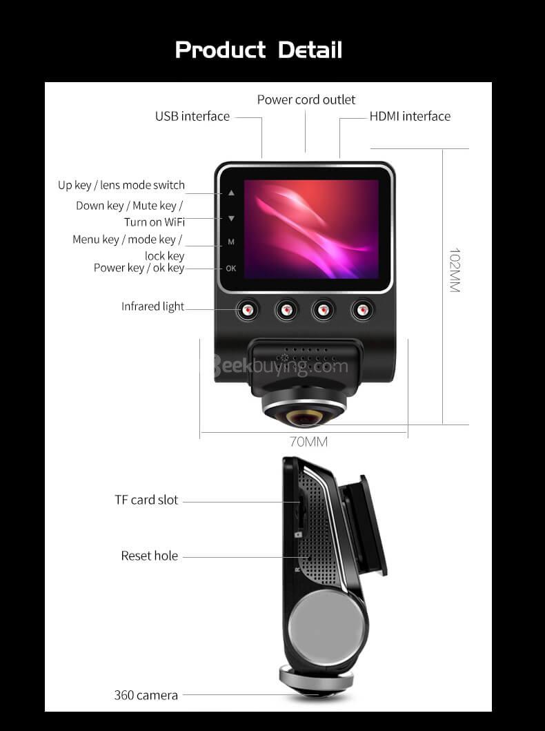 X360 360 Degree Panoramic WiFi Car DVR 2.5' IPS LCD 5.0 MP CMOS 1080P Wide Angle Lens Car DVR - Black