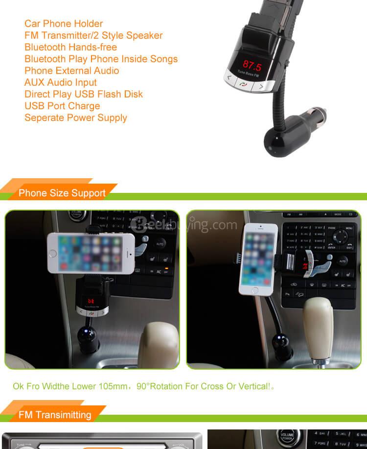 BT8118 Car Bluetooth MP3 Player Wireless FM Transmitter with Smart Phone Holder - Black