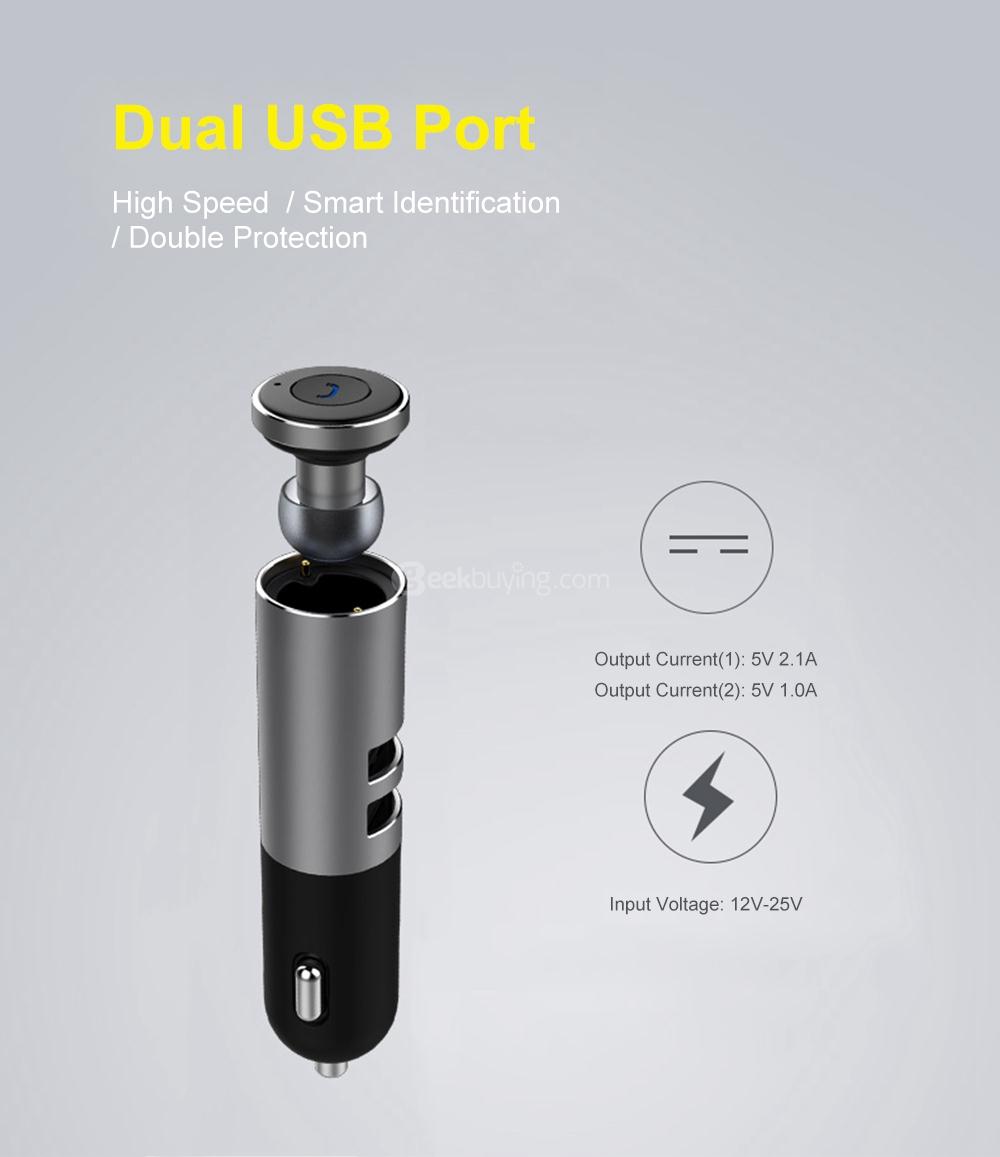 AWEI A870BL Dual USB Car Charger Bluetooth V4.1 Earphones - Rose Gold