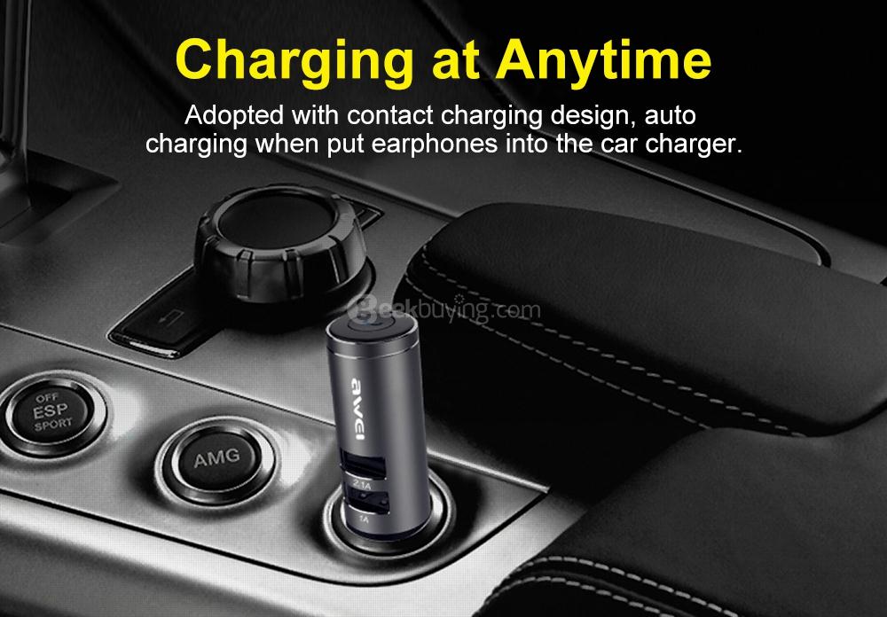 AWEI A870BL Dual USB Car Charger Bluetooth V4.1 Earphones - Rose Gold