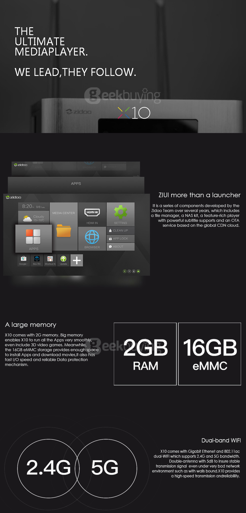 ZIDOO X10 Android 6.0 OpenWRT(NAS) Realtek RTD1295 4K 10Bit Blu-ray Media Player 2G/16G SATA AC WIFI Gigabit LAN USB3.0 Bluetooth
