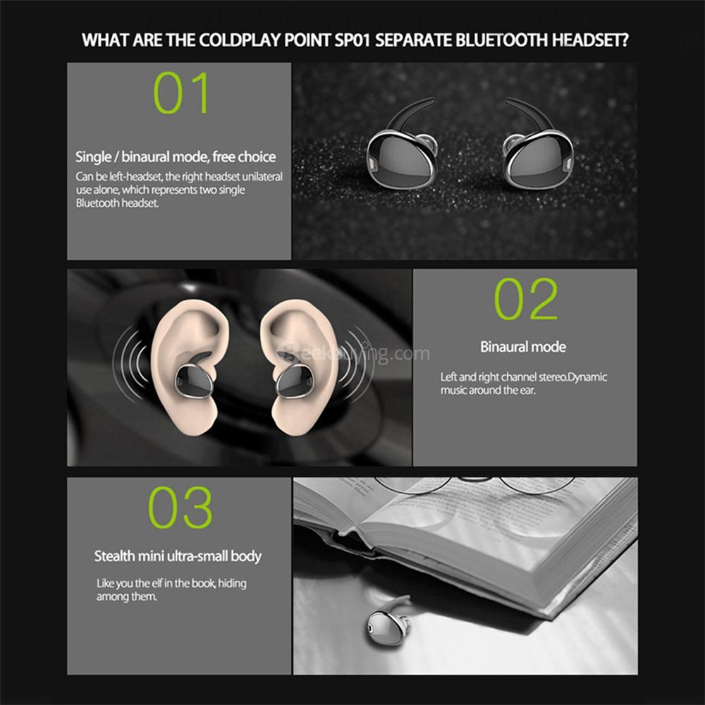 SP01 Wireless Bluetooth 4.1 Mini Invisible Earphone Sports Running Headphone with Mic - Gold