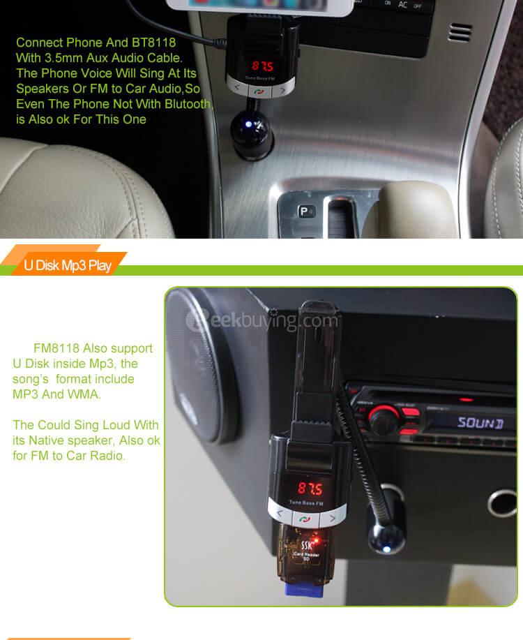 BT8118 Car Bluetooth MP3 Player Wireless FM Transmitter with Smart Phone Holder - Black