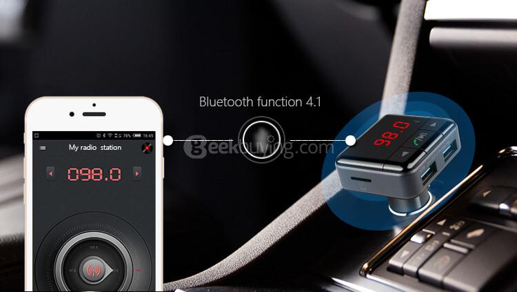 BC12B Smart Bluetooth FM Car Charger Dual USB APP Control Hands-free Talking - Black