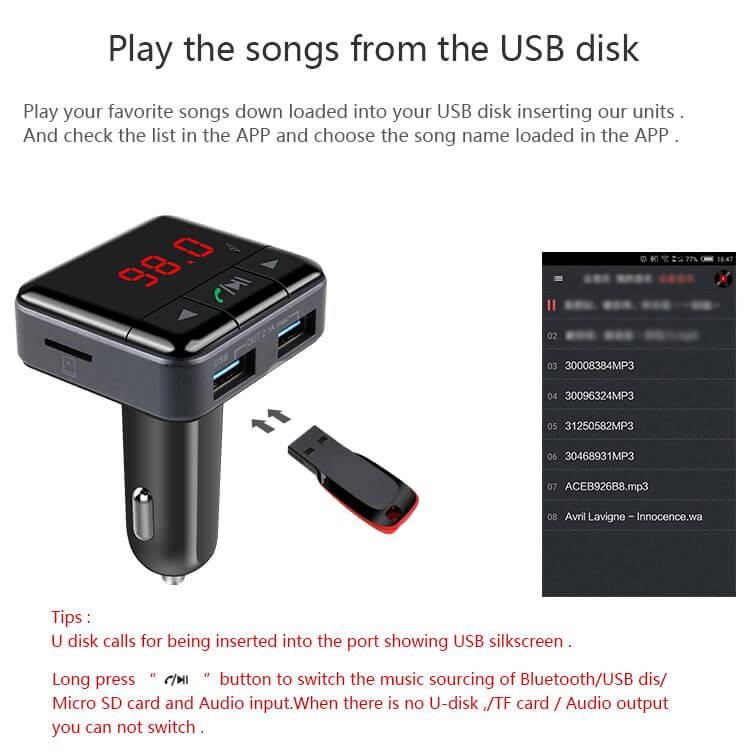 BC12B Smart Bluetooth FM Car Charger Dual USB APP Control Hands-free Talking - Black