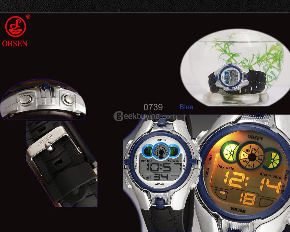 Ohsen 0739 LED Digital Alarm Water Resistance Children Students Sport Watch -Blue