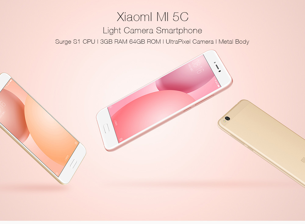 Xiaomi Mi 5C 5.15 Inch FHD Screen 3GB RAM 64GB ROM 12.0MP Cam MIUI 8 Octa Core Surge S1 2.2GHz 4G Android 7.1 LTE Smartphone USB Type-C Quik Charge Metal Body - Gold