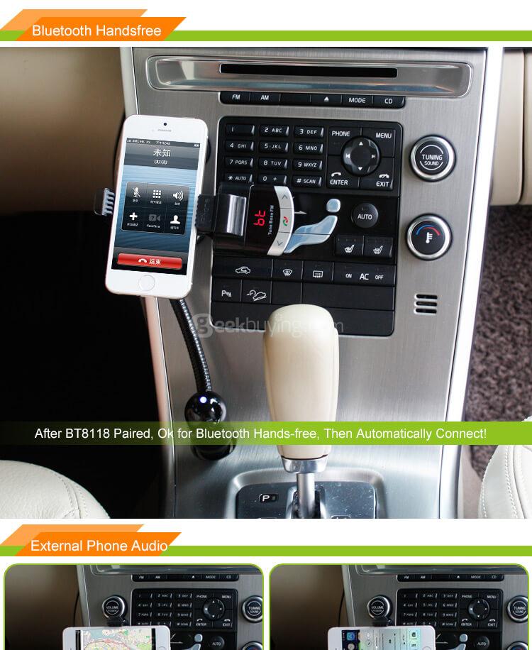 BT8118 Car Bluetooth MP3 Player Wireless FM Transmitter with Smart Phone Holder - Black