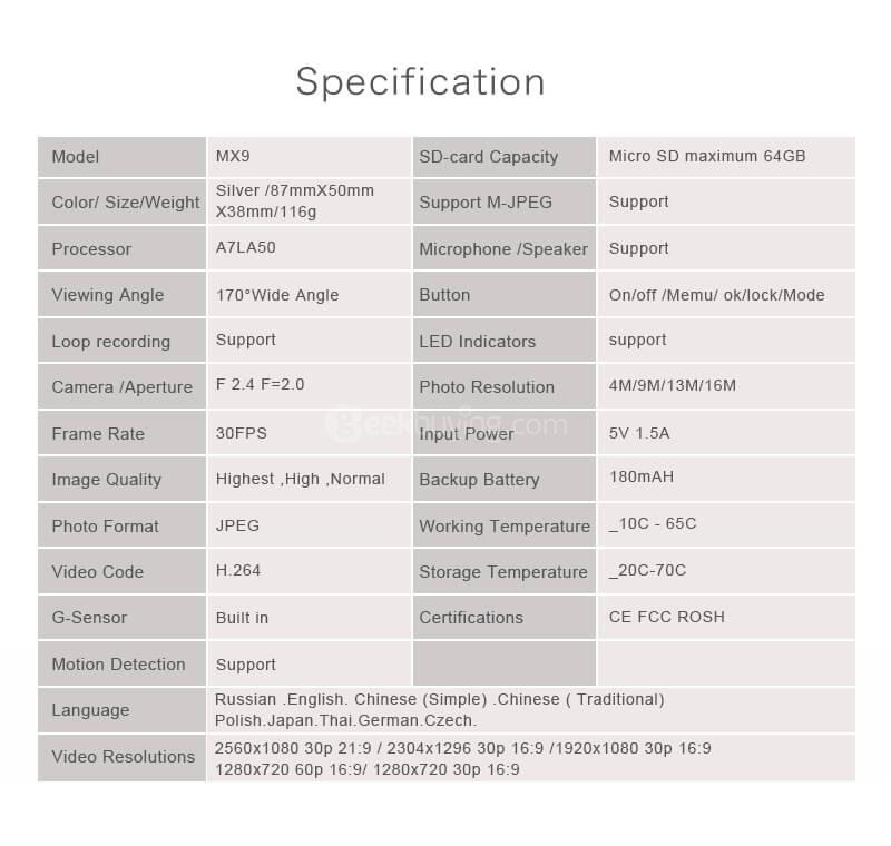 CARSUITE MX9 Car DVR 1080P 3.0-inch IPS LCD 70 Degree Cyclic Recording Motion Detection - Silver