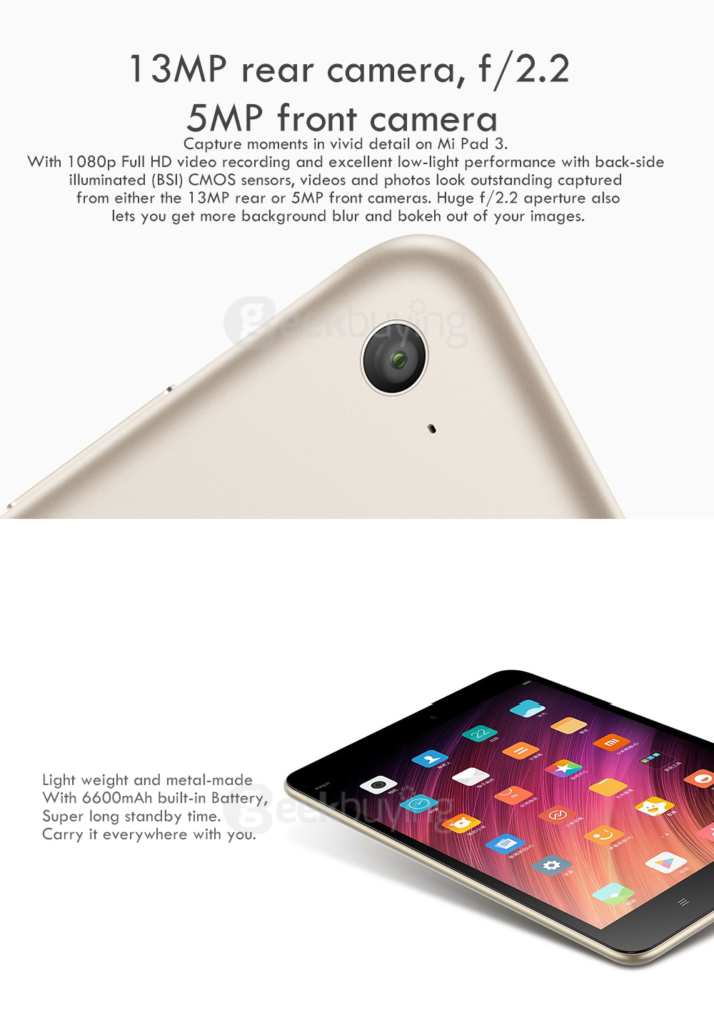Xiaomi Mi Pad 3 Tablet PC 7.9 inch MIUI 8 4GB RAM 64GB ROM MediaTek MT8176 Hexa Core 2.1GHz Reading Mode IPS Screen 5MP+13MP Dual Cameras Type-C - Gold