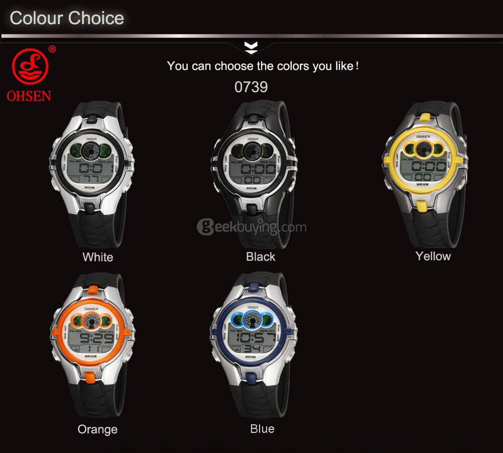 Ohsen 0739 LED Digital Alarm Water Resistance Children Students Sport Watch -Yellow