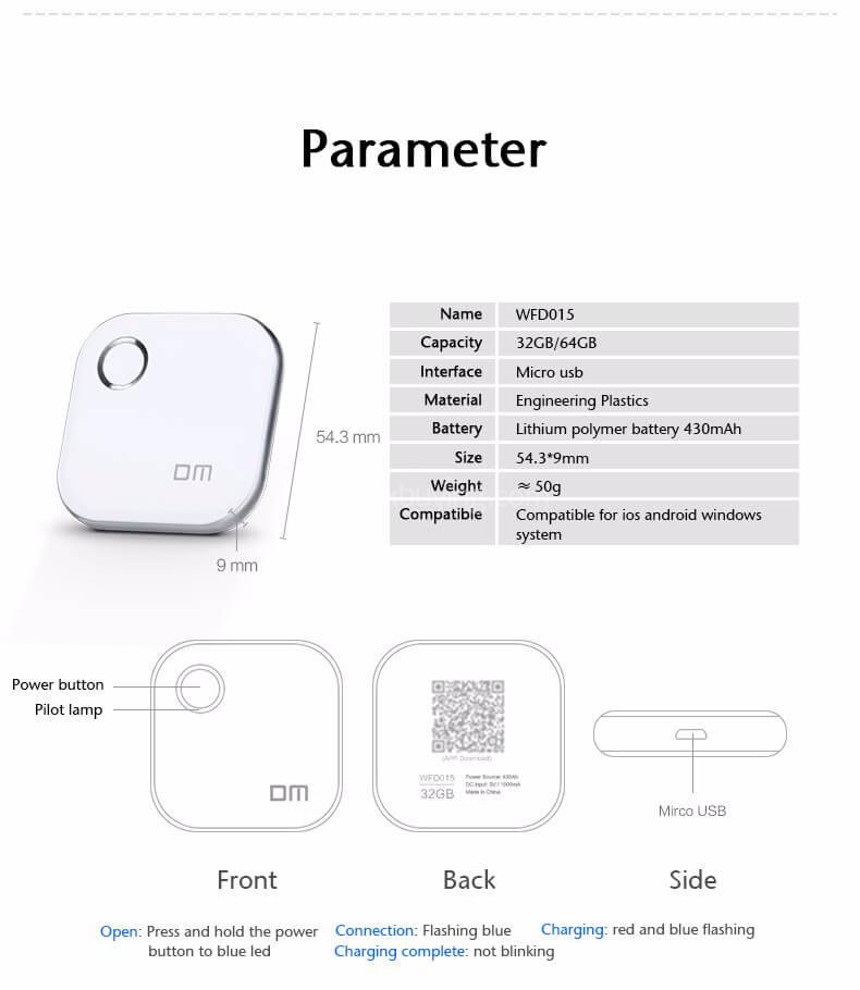 DM WFD015 WiFi Wireless 32GB U Disk Flash Drive for iOS / Android -White