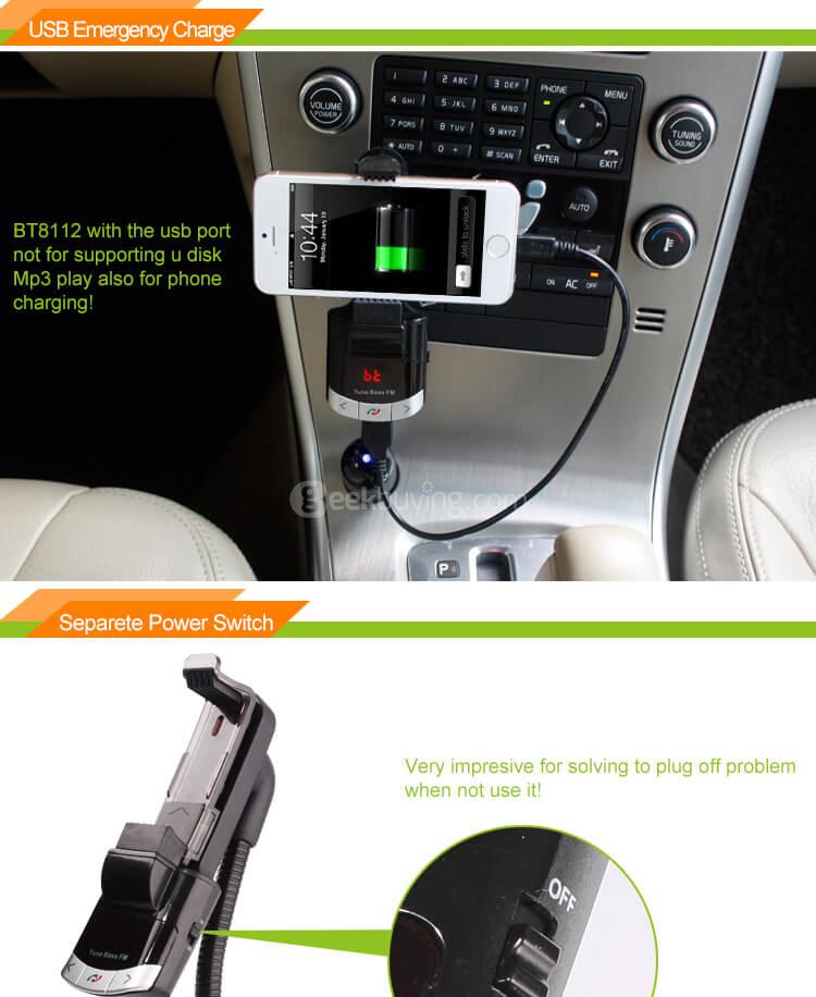 BT8118 Car Bluetooth MP3 Player Wireless FM Transmitter with Smart Phone Holder - Black
