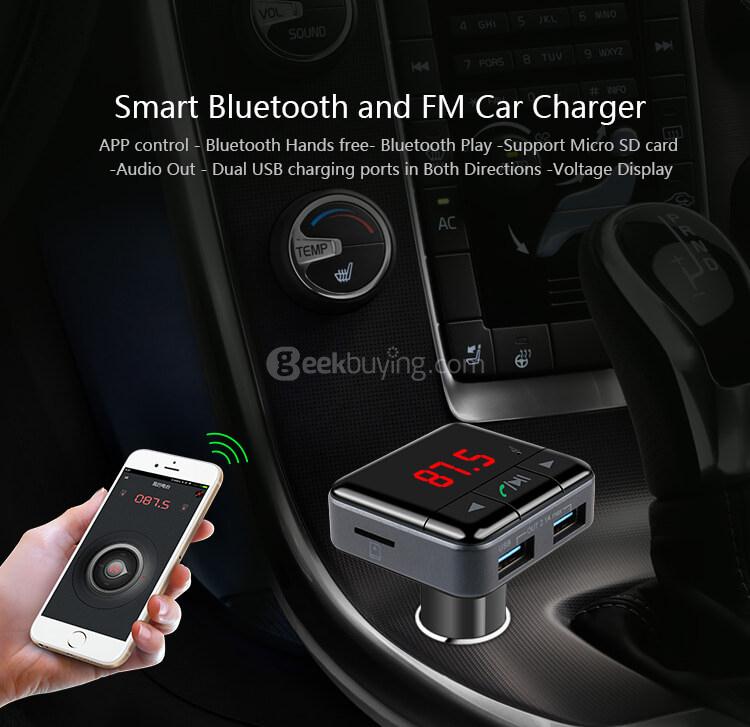 BC12B Smart Bluetooth FM Car Charger Dual USB APP Control Hands-free Talking - Black