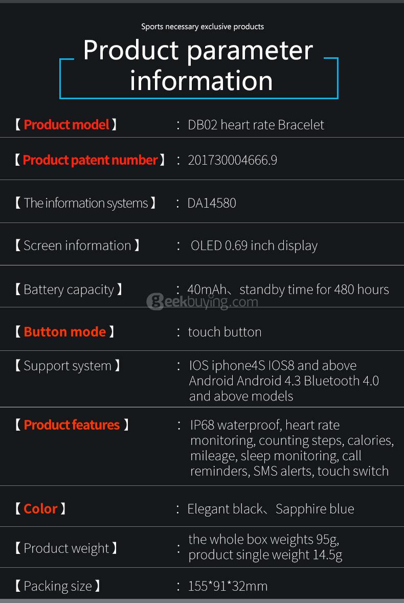 DB02 Smart Wrist Band IP67 Water Resistant OLED Touch Screen Heart Rate Monitor Pedometer Fitness Activity Tracker Compatible with Android iOS - Black