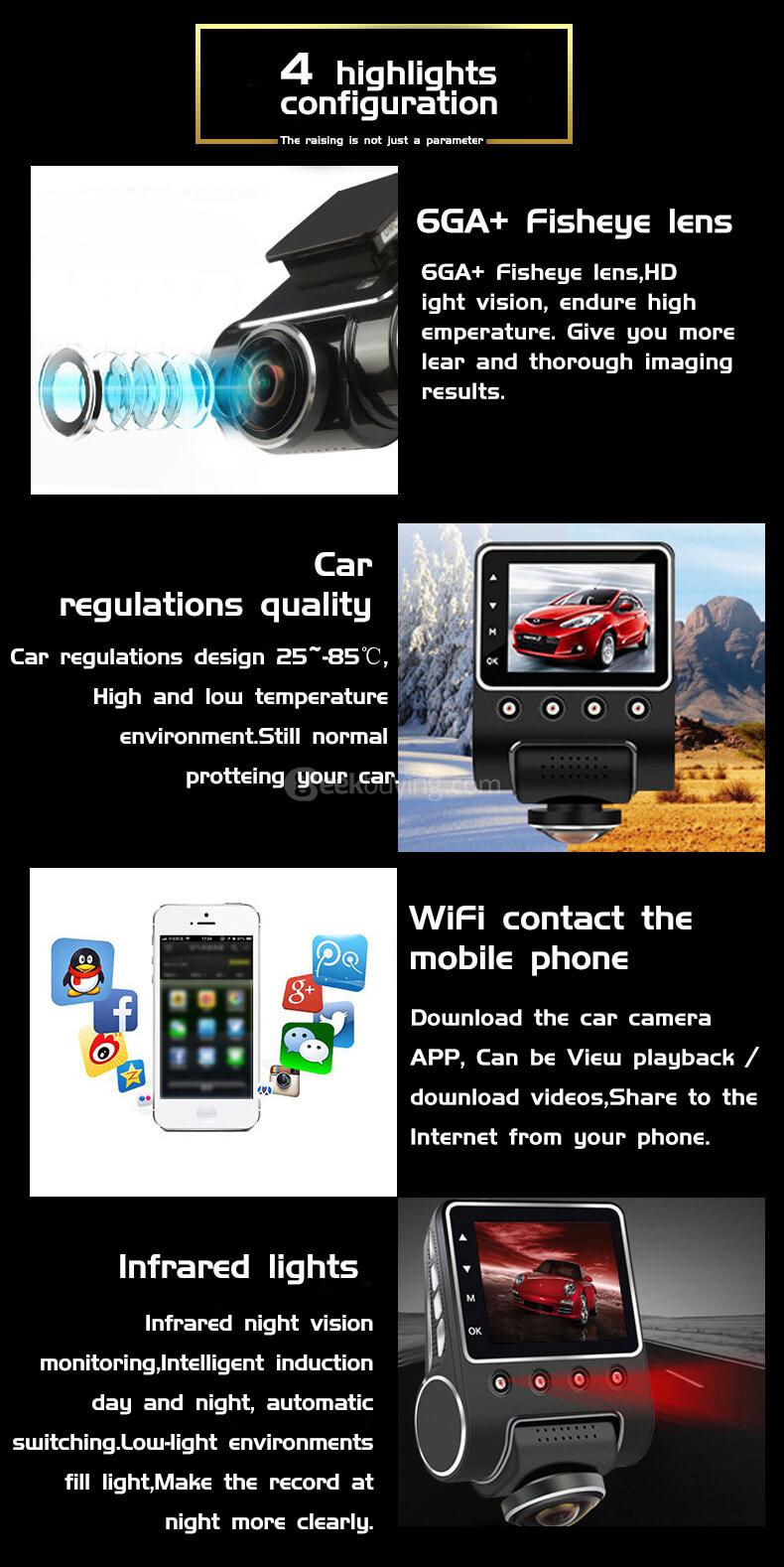 X360 360 Degree Panoramic WiFi Car DVR 2.5' IPS LCD 5.0 MP CMOS 1080P Wide Angle Lens Car DVR - Black