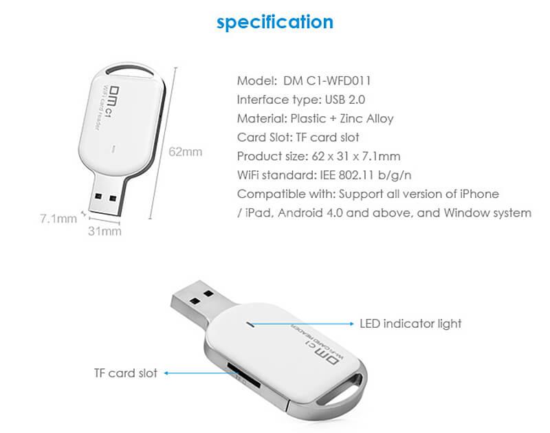 DM C1 WFD011 Wireless WiFi Card Reader USB 2.0 for Smartphones /Tablets - White