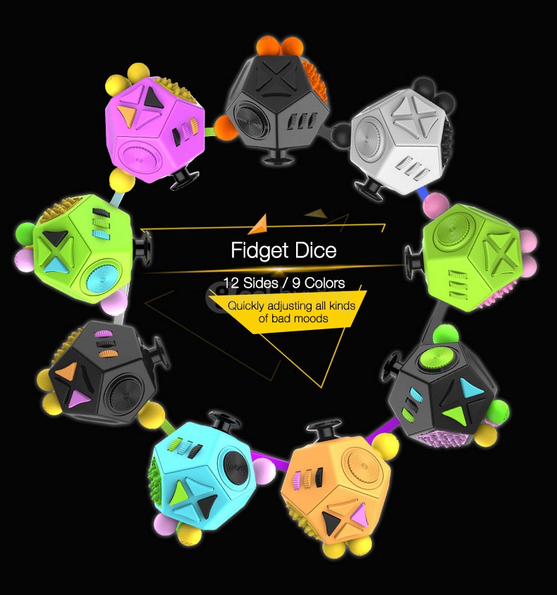 12 Sided Fidget Dice Relieves Stress Toys Anti-Stress Autism ADHD for Children Adult Cube Gift - Black + Purple