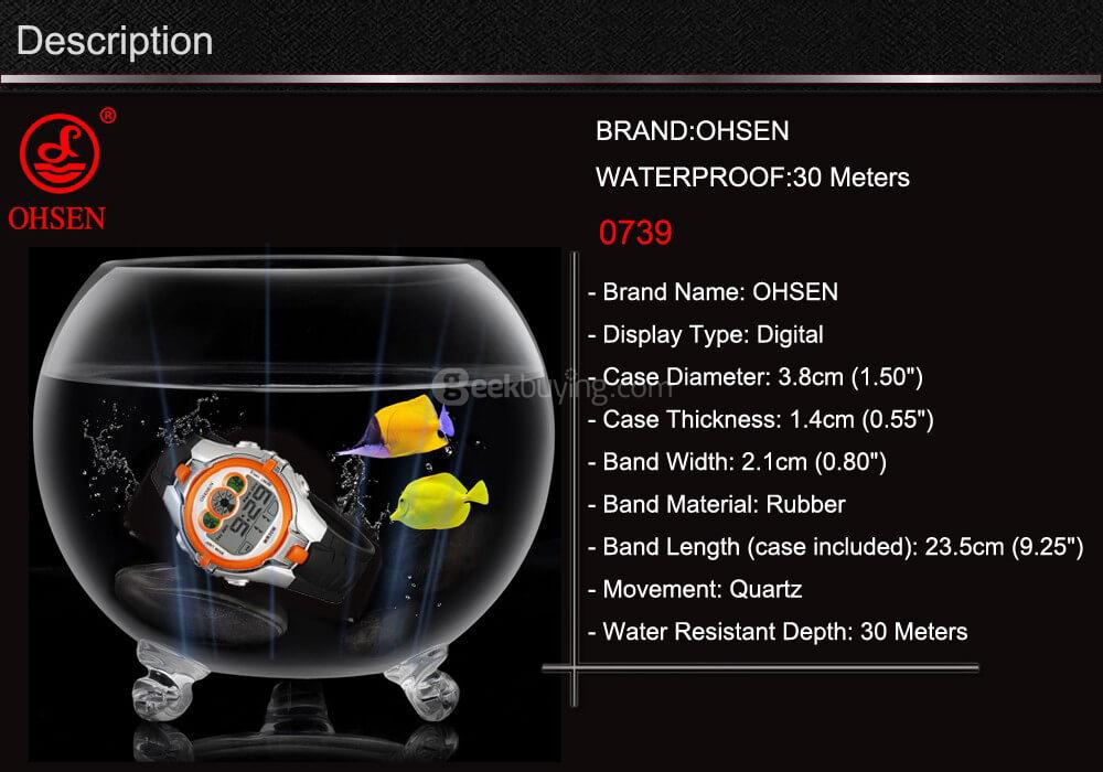 Ohsen 0739 LED Digital Alarm Water Resistance Children Students Sport Watch -Yellow