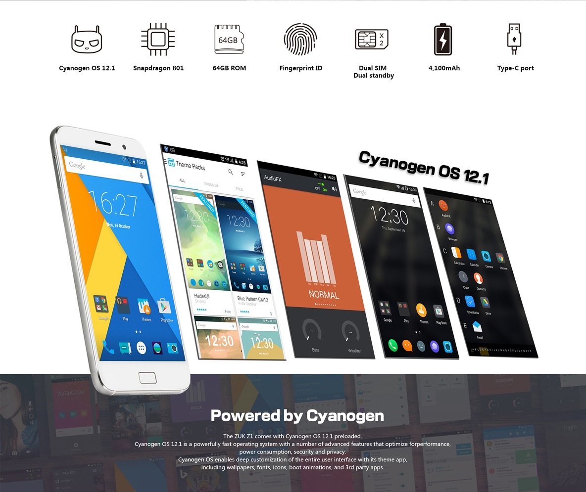 LENOVO ZUK Z1 5.5Inch 4G LTE Smartphone FHD Screen 3GB 64GB Snapdragon 801 13.0MP U-Touch 4100mAh - Gray