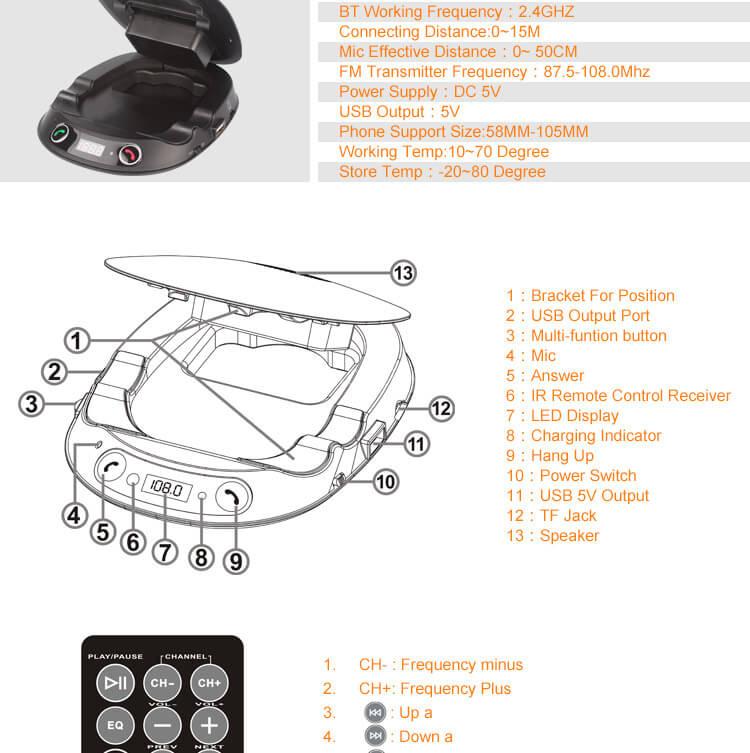 BT8128 Car Bluetooth Handsfree Car Holder FM Transmitter Mp3 Player - Black