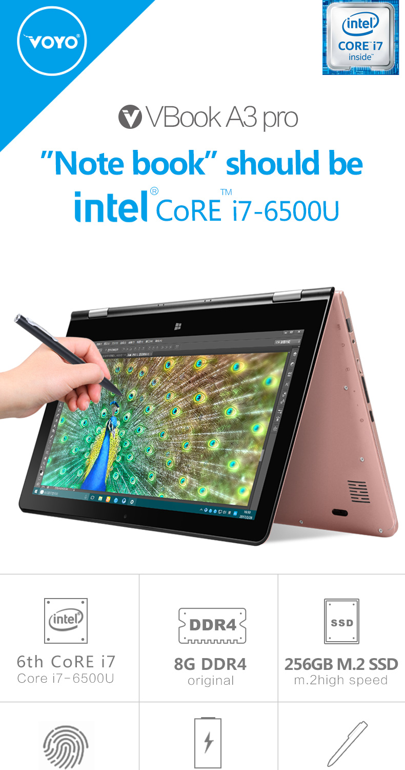 Voyo VBook A3 Pro 2in1 Tablet 13.3 Inch Display Core i7-6500U 2.50 GHz Fingerprint 8GB DDR4 RAM 256GB SSD ROM Licensed Windows 10 12000mAh Battery - Gold