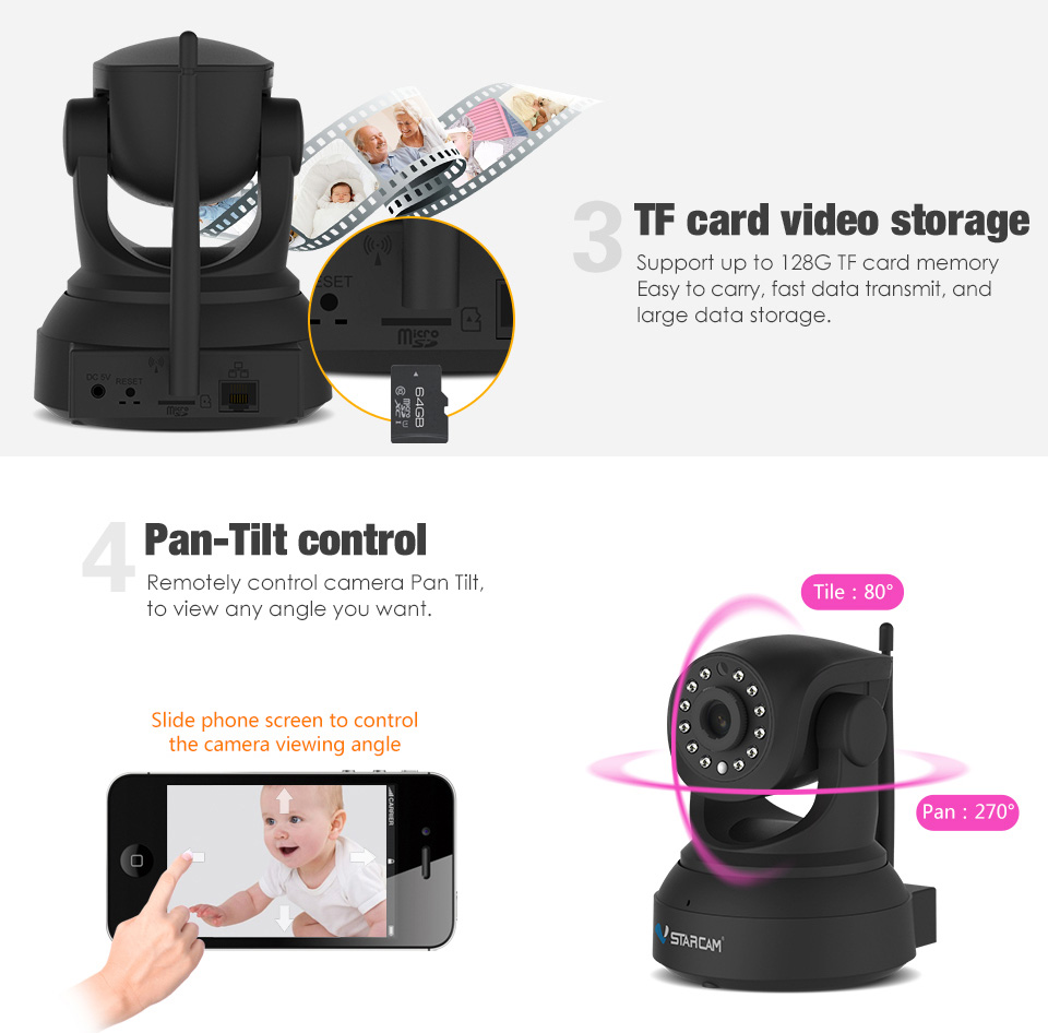 VStarcam C7824WIP IP Camera 720P WiFi ONVIF Night Vision Motion Detection CMOS Sensor Pan-Tilt Control Sonic Transfer