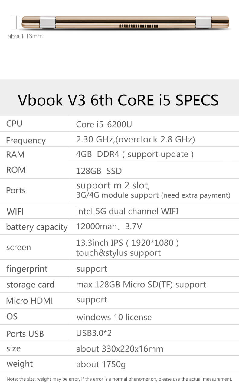 VOYO VBook V3 13.3 Inch Notebook Windows 10 Intel Core i5-6200U 2.7GHz 4GB RAM 128GB ROM Dual Core 12000mAh Bluetooth Camera Wifi - Blue
