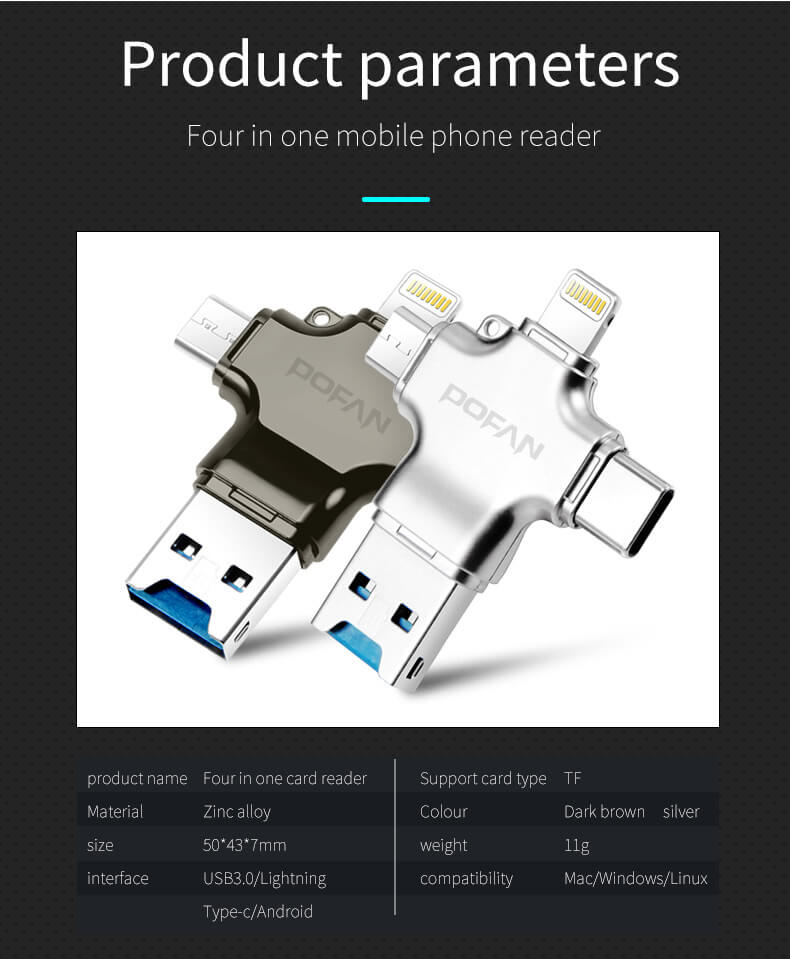 POFAN F04 Cross 4-1 High Speed TF Card Reader For USB 3.0 Android 8 pin Type-C -Silver