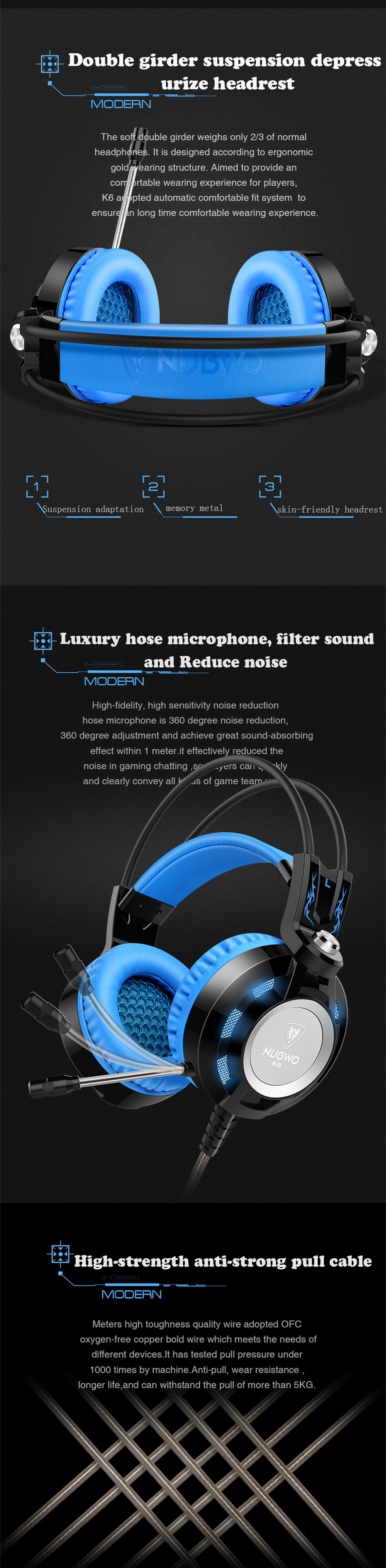Nubwo K6 Stereo Over Ear Gaming Headphone with Microphone LED Lighting for PC - Black + red