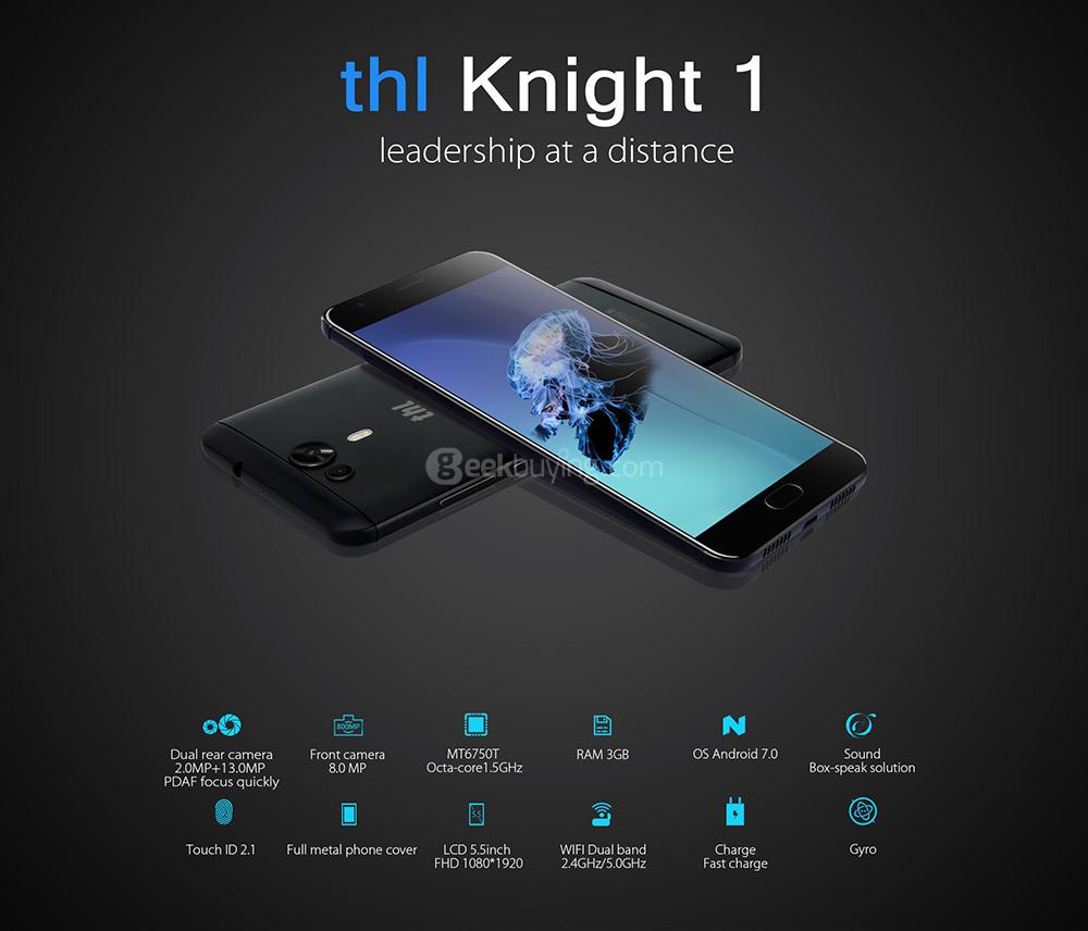 THL Knight 1 5.5 Inch Smartphone 3GB 32GB MT6750T Octa Core 13.0MP Cam Android 7.0 Touch ID Dual Rear Camera Fast Charge WiFi Dual Band - Black