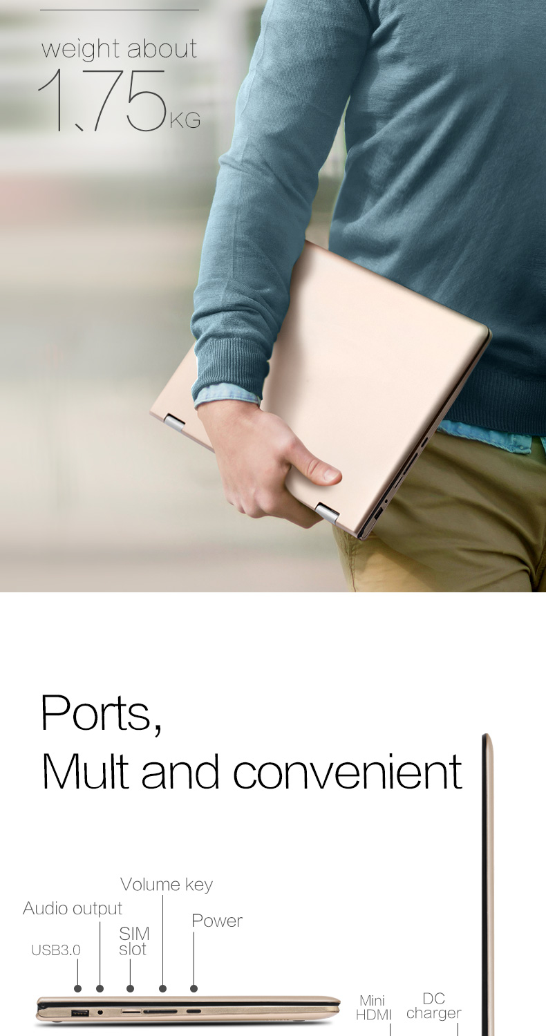 Voyo VBook A3 Pro 2in1 Tablet 13.3 Inch Display Core i7-6500U 2.50 GHz Fingerprint 8GB DDR4 RAM 256GB SSD ROM Licensed Windows 10 12000mAh Battery - Gold