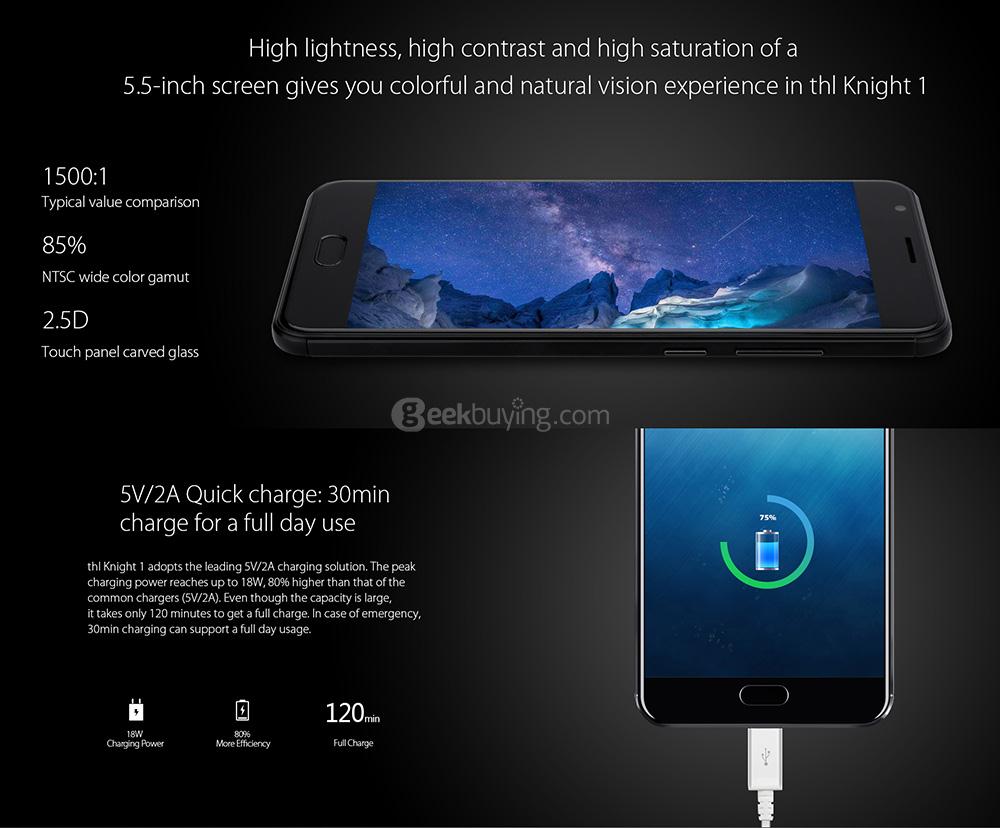 THL Knight 1 5.5 Inch Smartphone 3GB 32GB MT6750T Octa Core 13.0MP Cam Android 7.0 Touch ID Dual Rear Camera Fast Charge WiFi Dual Band - Black