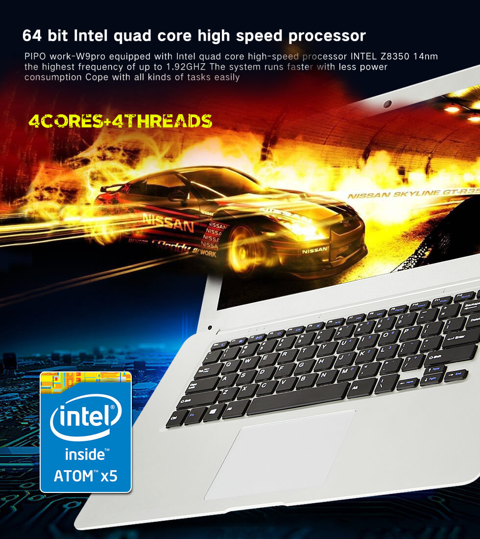 PIPO W9Pro 14 Inch Laptop Windows 10 OS Intel Cherry Trail X5-Z8350 4GB RAM 64GB ROM Dual Core 1.92GHz 1080P Wifi Camera - Silver