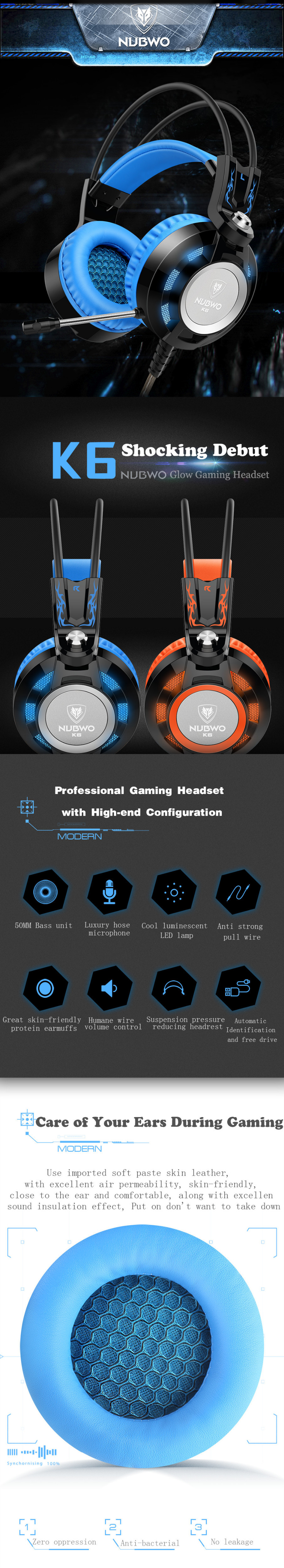 Nubwo K6 Stereo Over Ear Gaming Headphone with Microphone LED Lighting for PC - Black + red