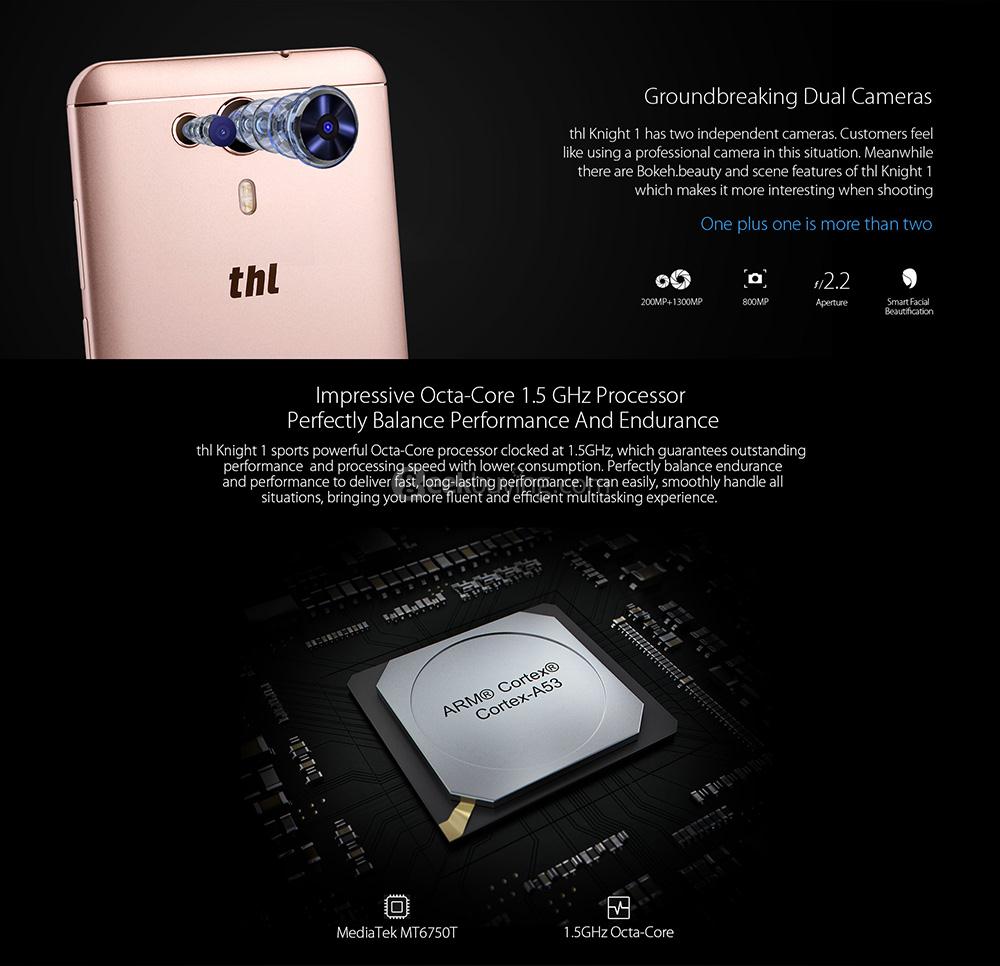 THL Knight 1 5.5 Inch Smartphone 3GB 32GB MT6750T Octa Core 13.0MP Cam Android 7.0 Touch ID Dual Rear Camera Fast Charge WiFi Dual Band - Black