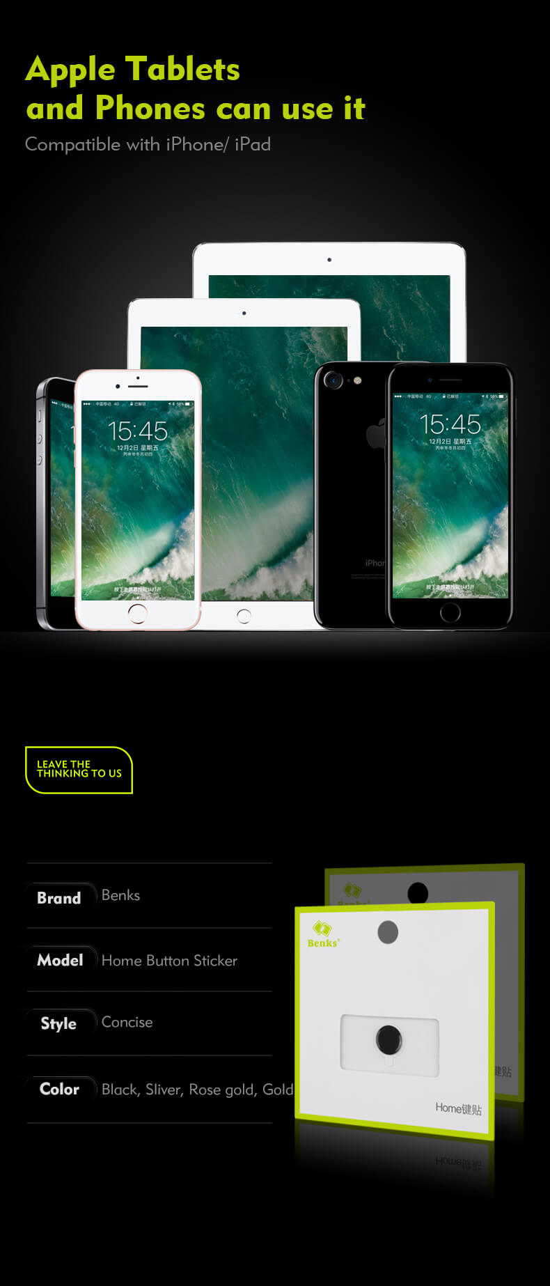 Benks Fingerprint Home Button Sticker Touch Sensor For iPad iPhone 7 Plus/7/6S/6/5S - Rose Gold