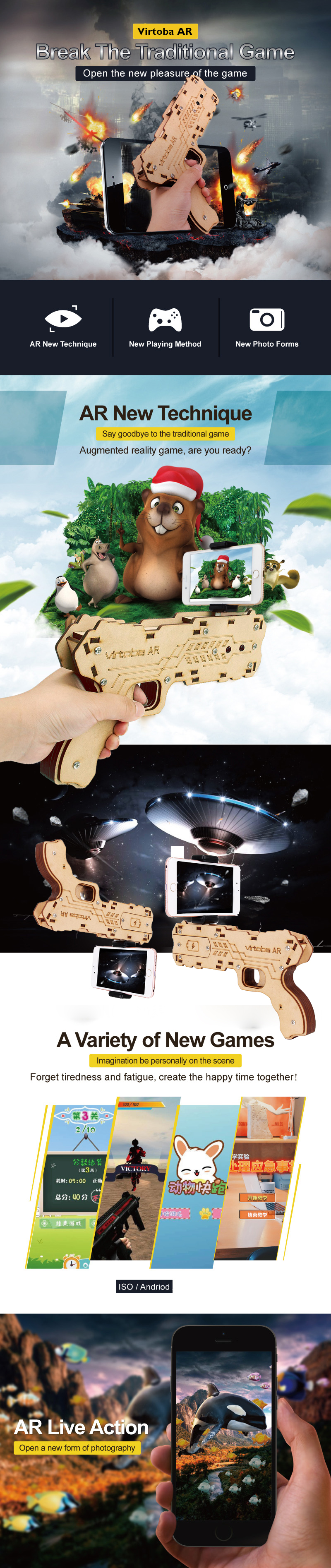 Virtoba AR Gun DIY Bluetooth Augmented Reality AR Toy Gun with Cell Phone Stand Holder for iOS Android